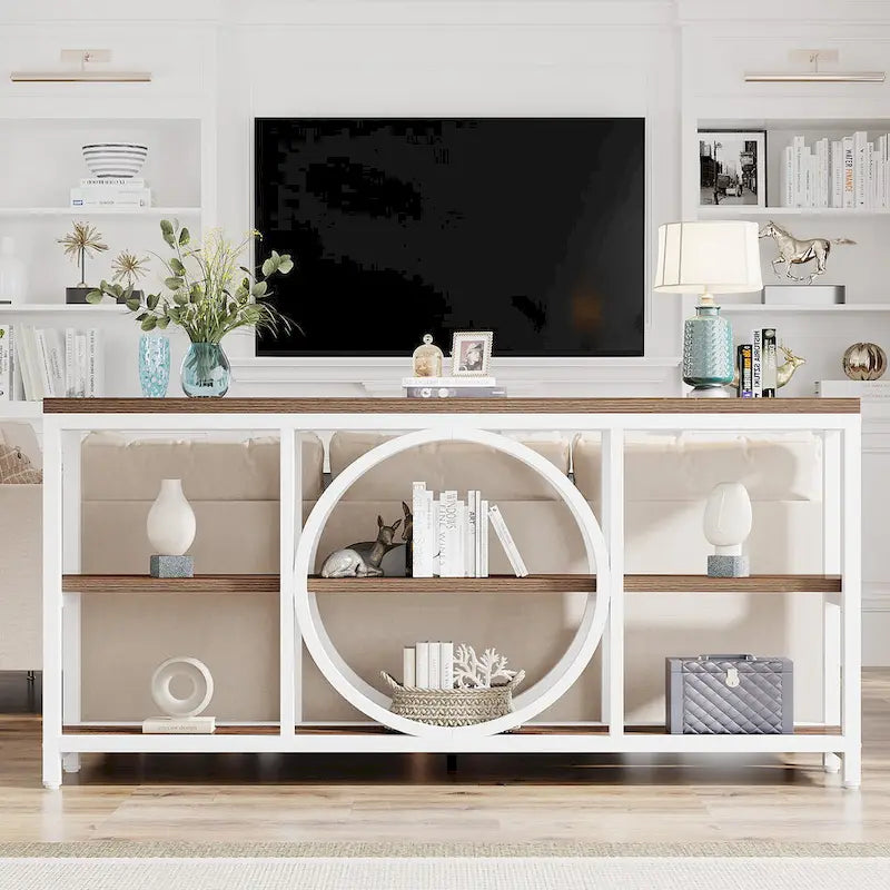 Consolle da Divano da 180 cm con Scaffali a 3 Ripiani – Grigio / Marrone / Noce / Bianco, Stile Industriale