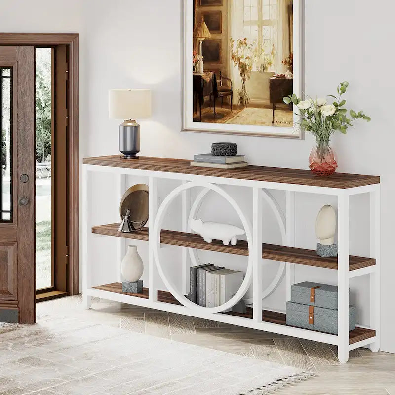 Consolle da Divano da 180 cm con Scaffali a 3 Ripiani – Grigio / Marrone / Noce / Bianco, Stile Industriale