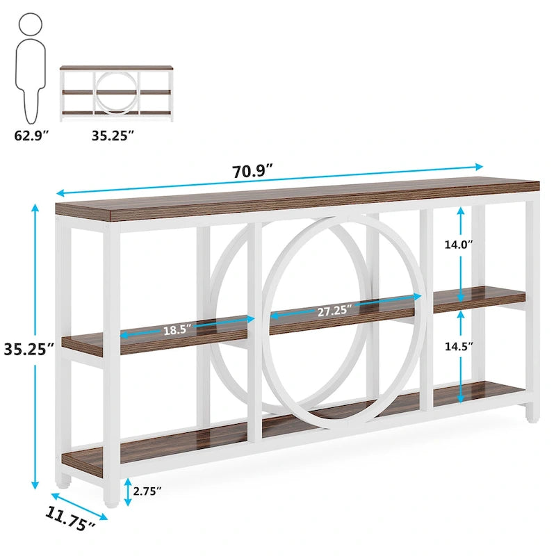 Consolle da Divano da 180 cm con Scaffali a 3 Ripiani – Grigio / Marrone / Noce / Bianco, Stile Industriale