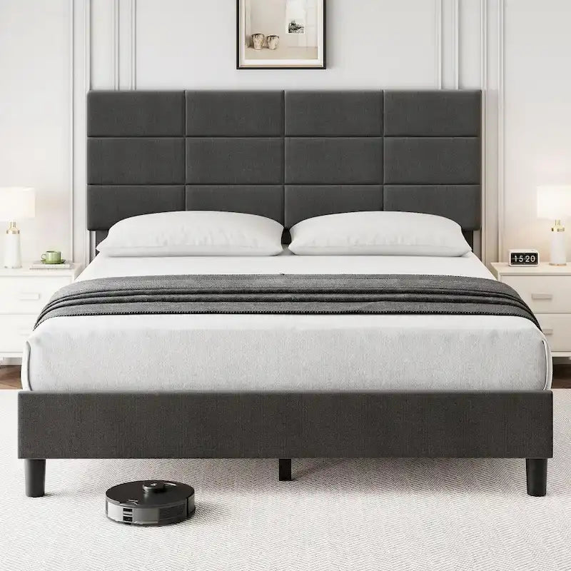 Struttura letto imbottita in lino grigio con doghe in legno, Twin/Full/Queen/King