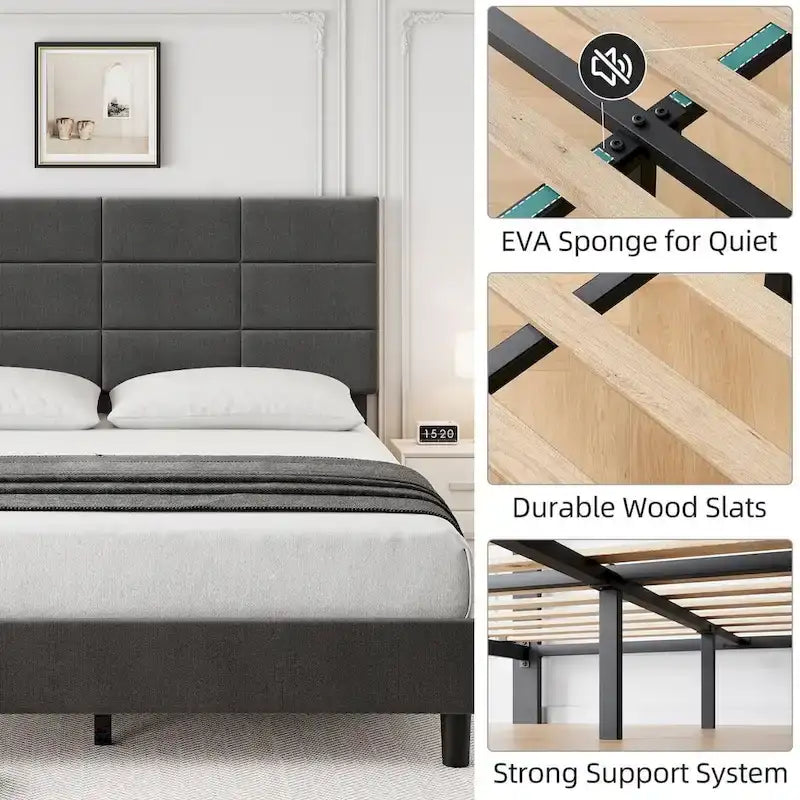 Struttura letto imbottita in lino grigio con doghe in legno, Twin/Full/Queen/King