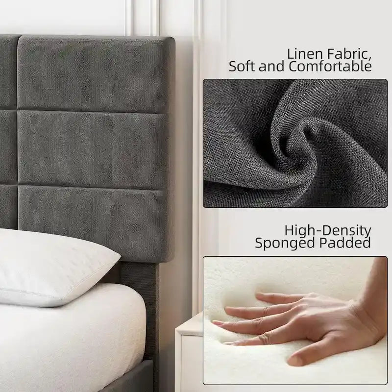 Struttura letto imbottita in lino grigio con doghe in legno, Twin/Full/Queen/King