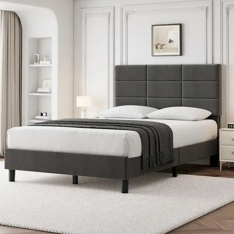 Struttura letto imbottita in lino grigio con doghe in legno, Twin/Full/Queen/King