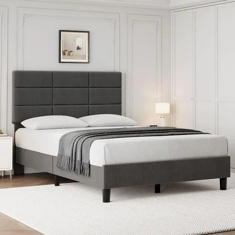Struttura letto imbottita in lino grigio con doghe in legno, Twin/Full/Queen/King