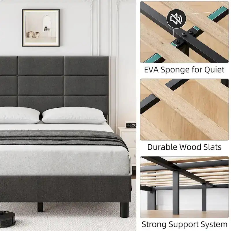 Struttura letto imbottita in lino grigio con doghe in legno, Twin/Full/Queen/King