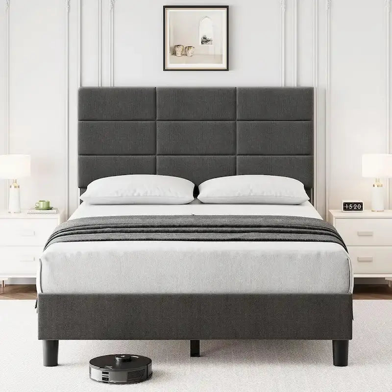 Struttura letto imbottita in lino grigio con doghe in legno, Twin/Full/Queen/King
