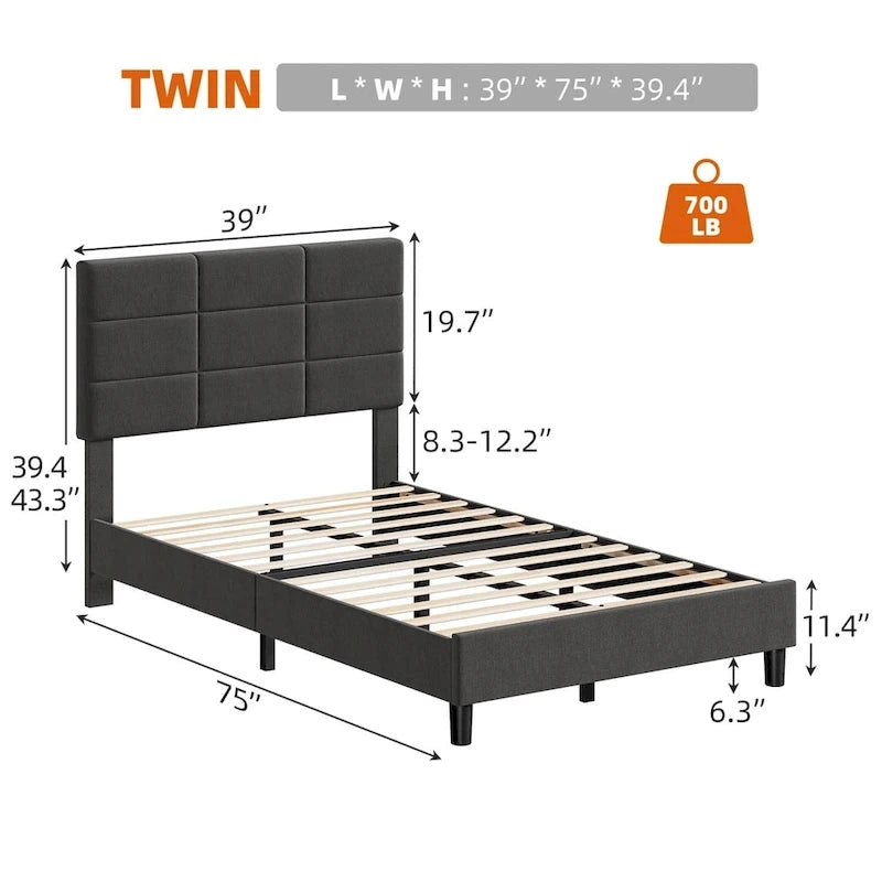 Struttura letto imbottita in lino grigio con doghe in legno, Twin/Full/Queen/King