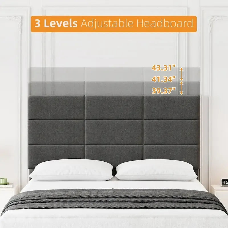 Struttura letto imbottita in lino grigio con doghe in legno, Twin/Full/Queen/King