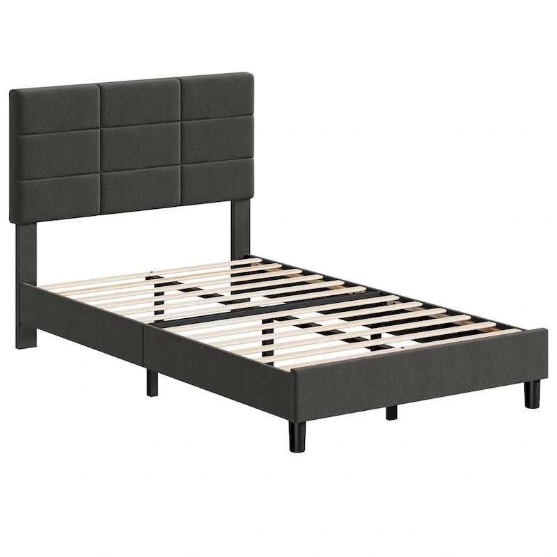 Struttura letto imbottita in lino grigio con doghe in legno, Twin/Full/Queen/King