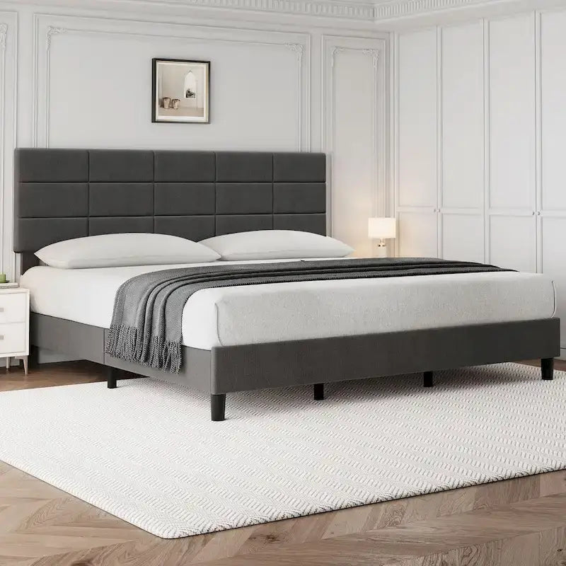 Struttura letto imbottita in lino grigio con doghe in legno, Twin/Full/Queen/King