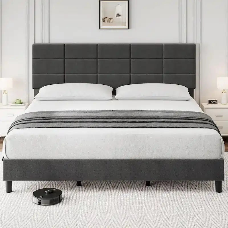 Struttura letto imbottita in lino grigio con doghe in legno, Twin/Full/Queen/King