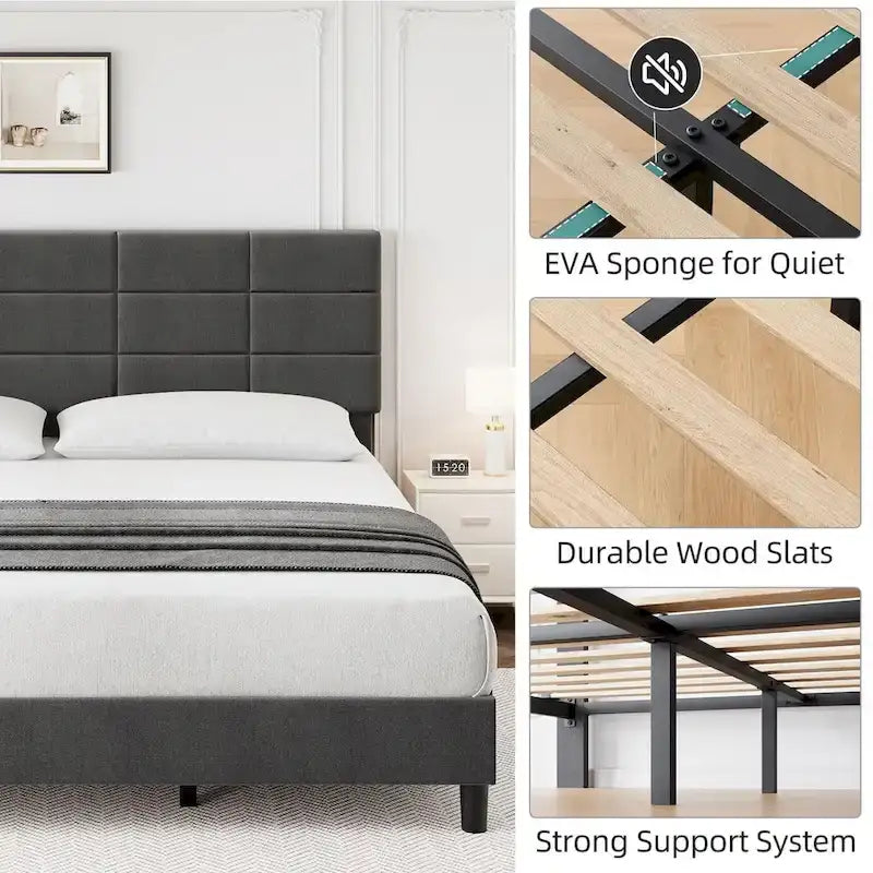Struttura letto imbottita in lino grigio con doghe in legno, Twin/Full/Queen/King
