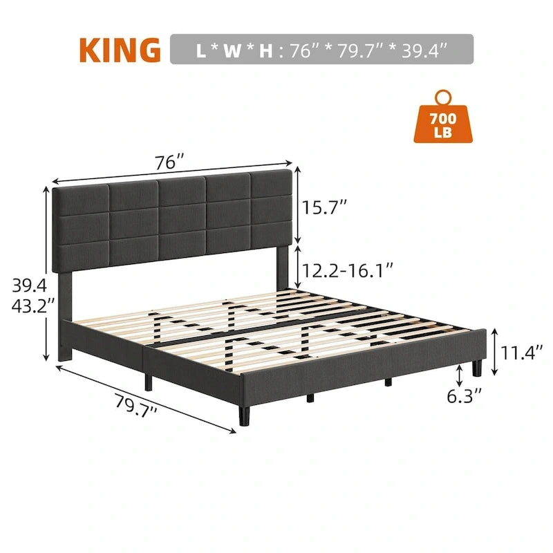Struttura letto imbottita in lino grigio con doghe in legno, Twin/Full/Queen/King