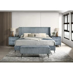 Set letto con pannello ad alette in velluto a coste blu con 2 comodini e panca – King/Queen, 2 persone