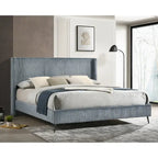 Set letto con pannello ad alette in velluto a coste blu con 2 comodini e panca – King/Queen, 2 persone
