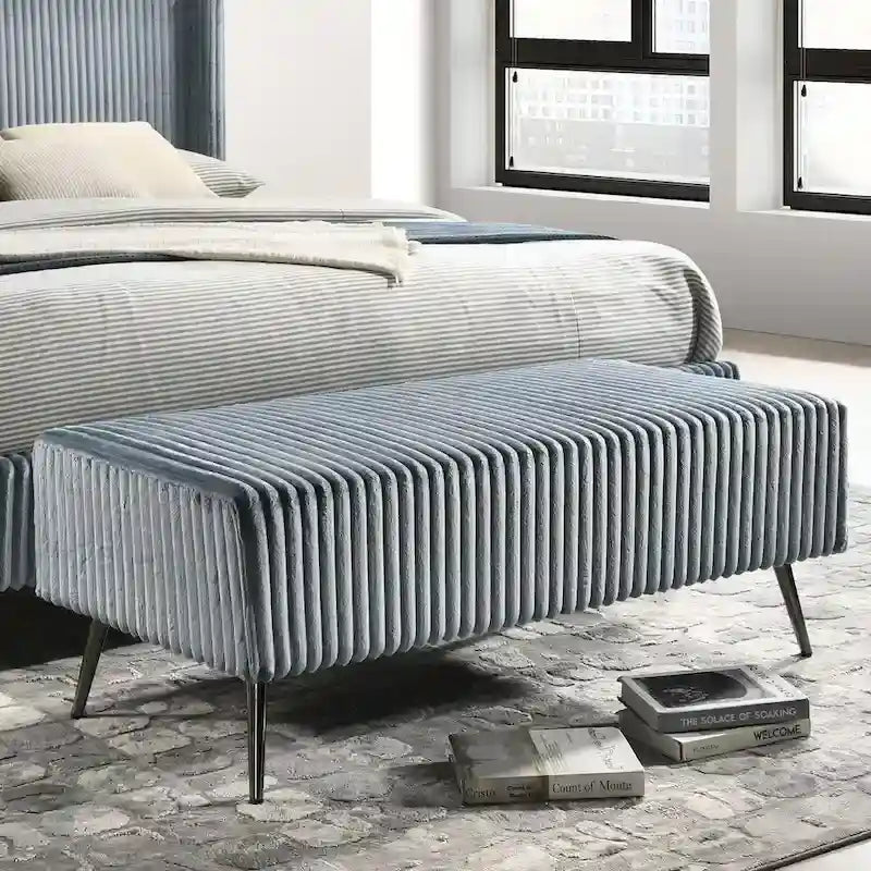 Set letto con pannello ad alette in velluto a coste blu con 2 comodini e panca – King/Queen, 2 persone