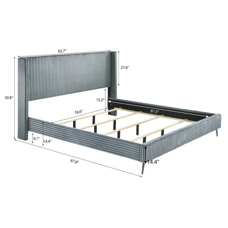 Set letto con pannello ad alette in velluto a coste blu con 2 comodini e panca – King/Queen, 2 persone