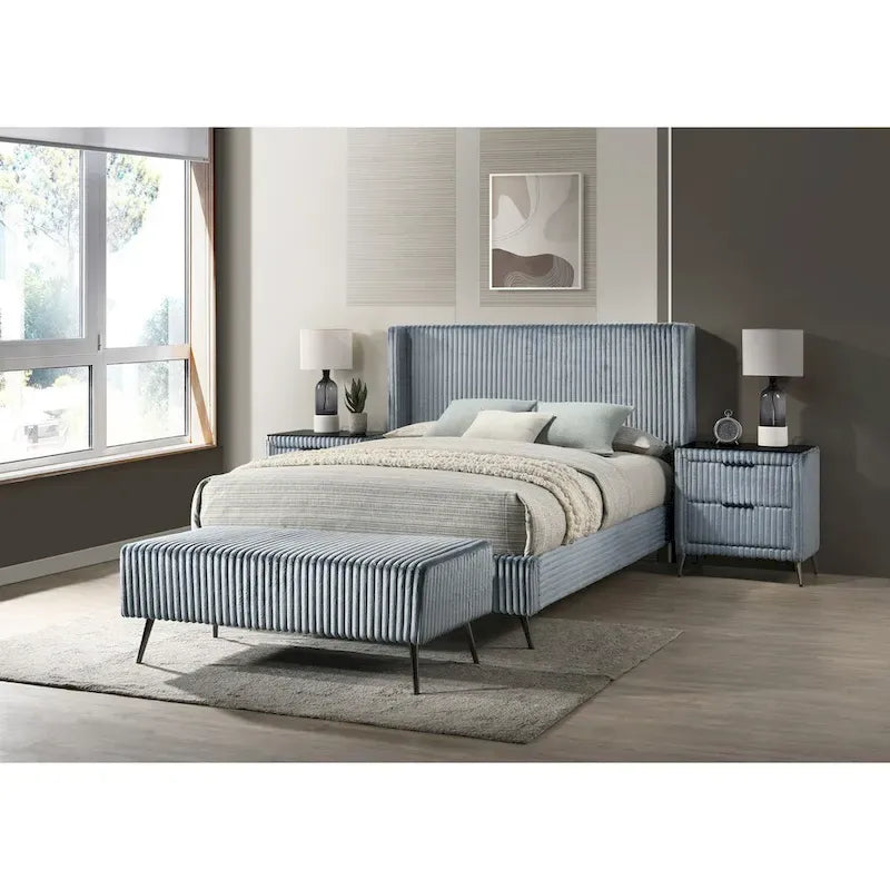 Set letto con pannello ad alette in velluto a coste blu con 2 comodini e panca – King/Queen, 2 persone