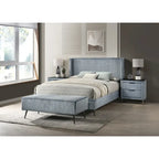 Set letto con pannello ad alette in velluto a coste blu con 2 comodini e panca – King/Queen, 2 persone