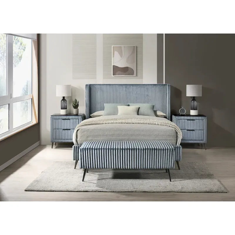 Set letto con pannello ad alette in velluto a coste blu con 2 comodini e panca – King/Queen, 2 persone