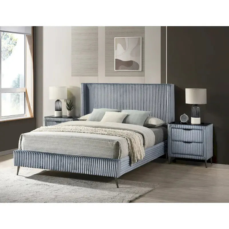 Set letto con pannello ad alette in velluto a coste blu con 2 comodini e panca – King/Queen, 2 persone