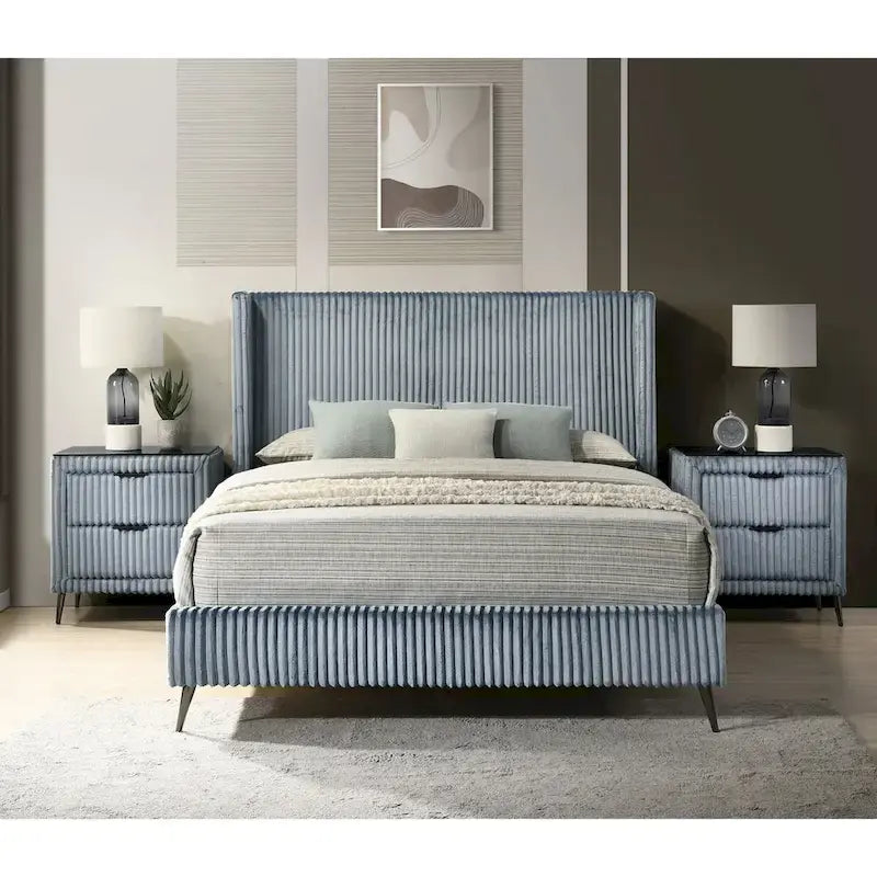 Set letto con pannello ad alette in velluto a coste blu con 2 comodini e panca – King/Queen, 2 persone
