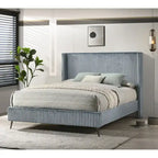 Set letto con pannello ad alette in velluto a coste blu con 2 comodini e panca – King/Queen, 2 persone
