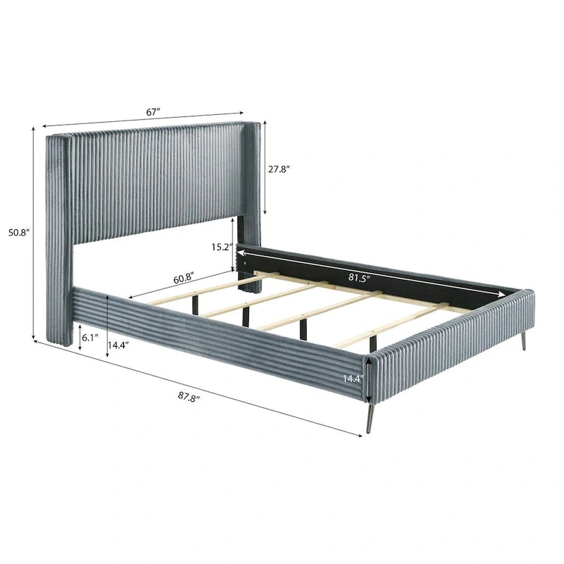 Set letto con pannello ad alette in velluto a coste blu con 2 comodini e panca – King/Queen, 2 persone