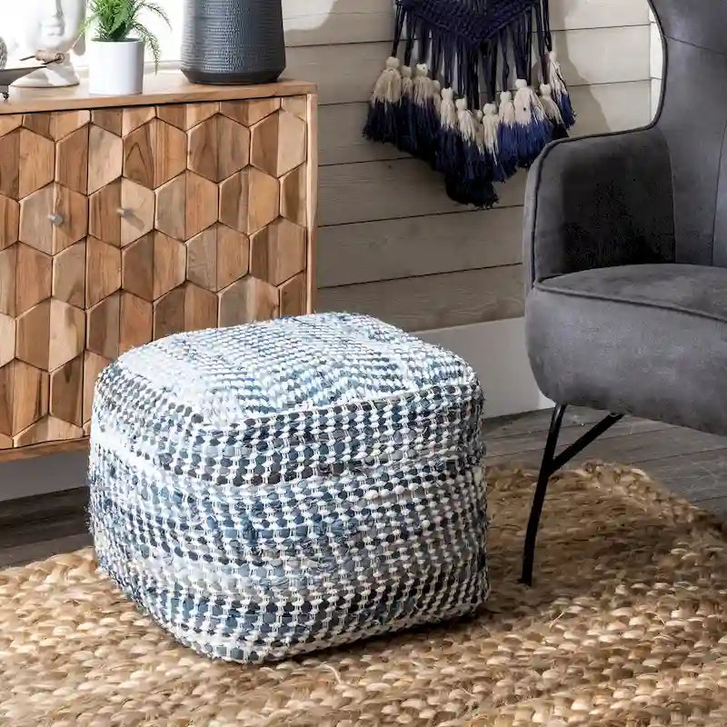 Pouf Ottomano Fatto a Mano in Denim Blu, Seduta Singola