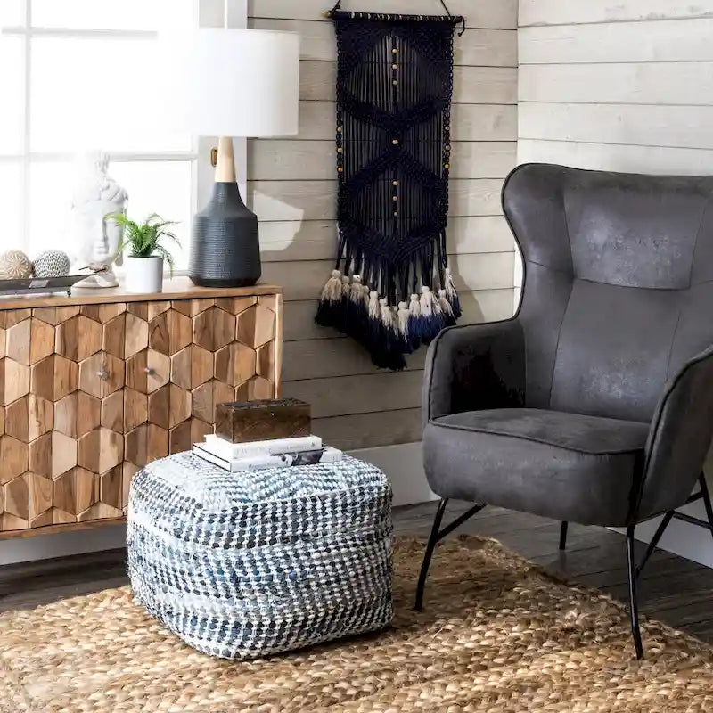 Pouf Ottomano Fatto a Mano in Denim Blu, Seduta Singola