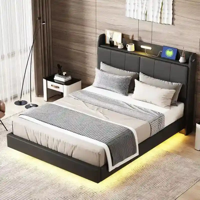 Letto matrimoniale nero/beige, stile fluttuante, testiera contenitore con LED e USB