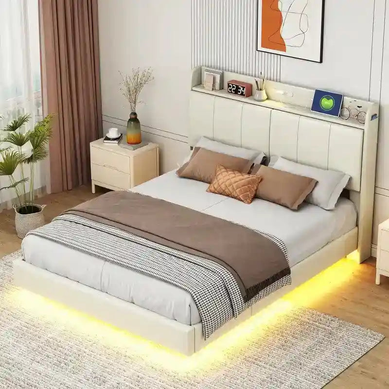Letto matrimoniale nero/beige, stile fluttuante, testiera contenitore con LED e USB