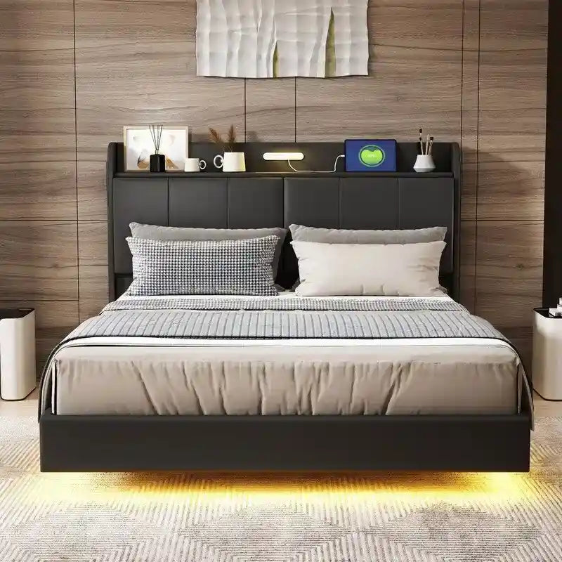 Letto matrimoniale nero/beige, stile fluttuante, testiera contenitore con LED e USB