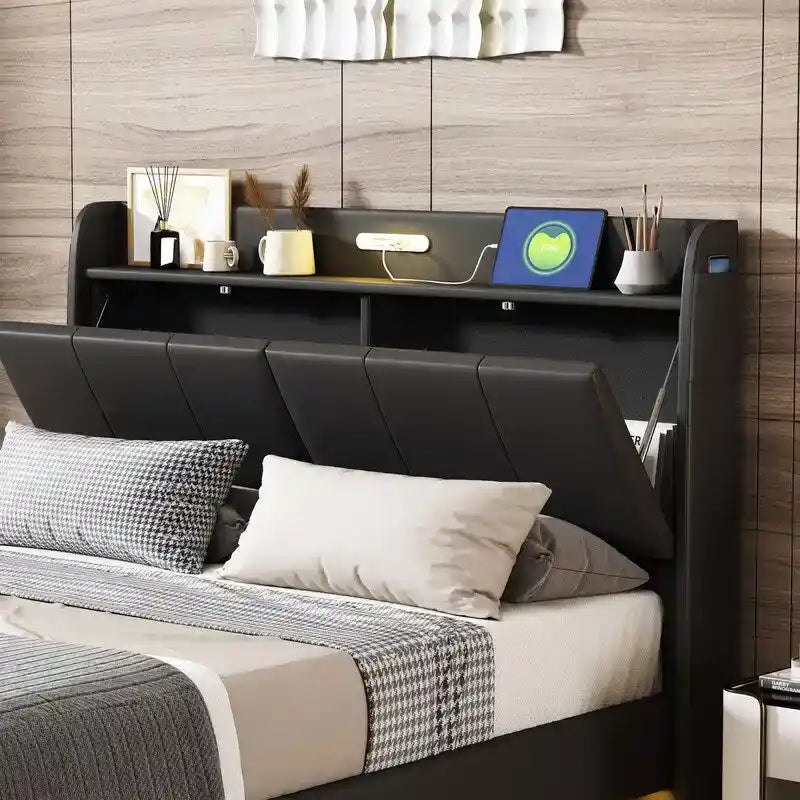 Letto matrimoniale nero/beige, stile fluttuante, testiera contenitore con LED e USB