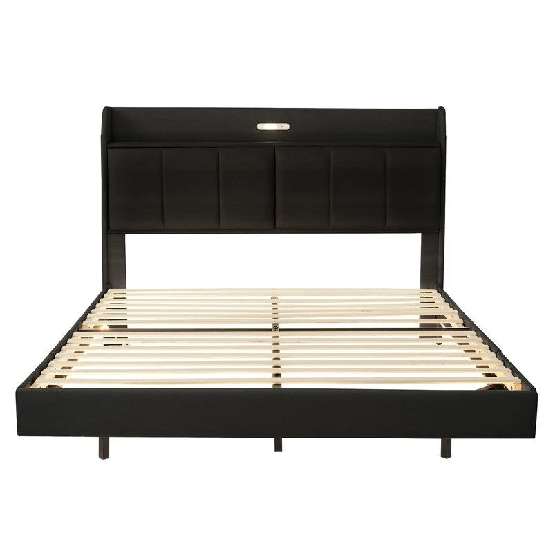 Letto matrimoniale nero/beige, stile fluttuante, testiera contenitore con LED e USB