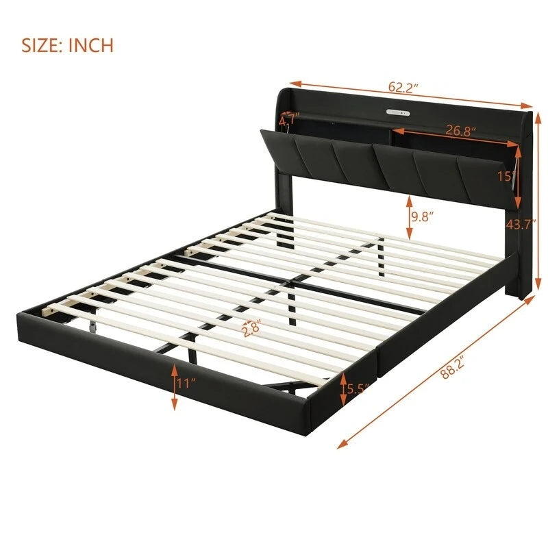 Letto matrimoniale nero/beige, stile fluttuante, testiera contenitore con LED e USB