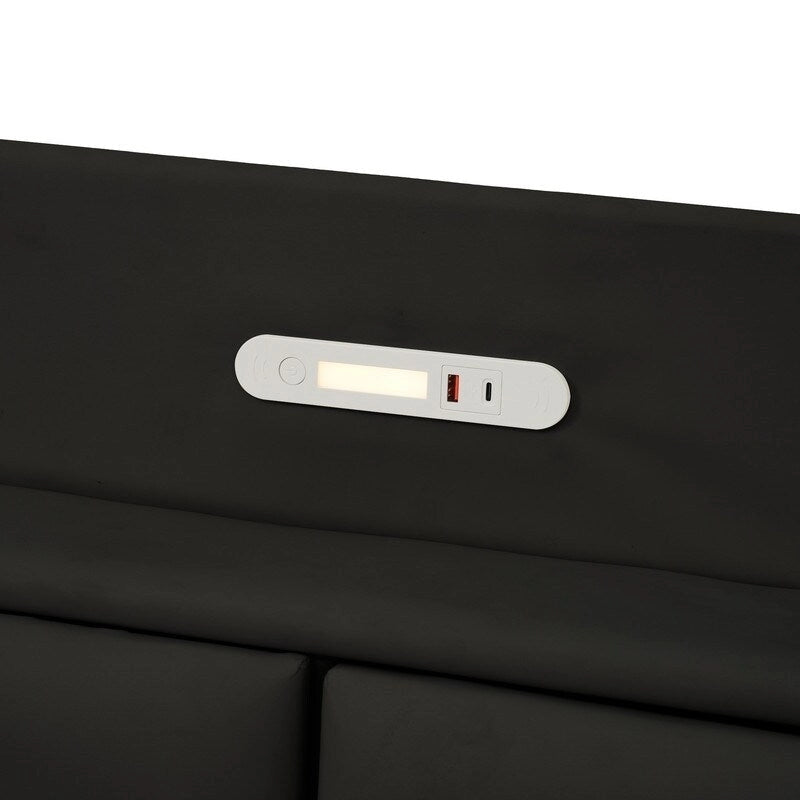 Letto matrimoniale nero/beige, stile fluttuante, testiera contenitore con LED e USB