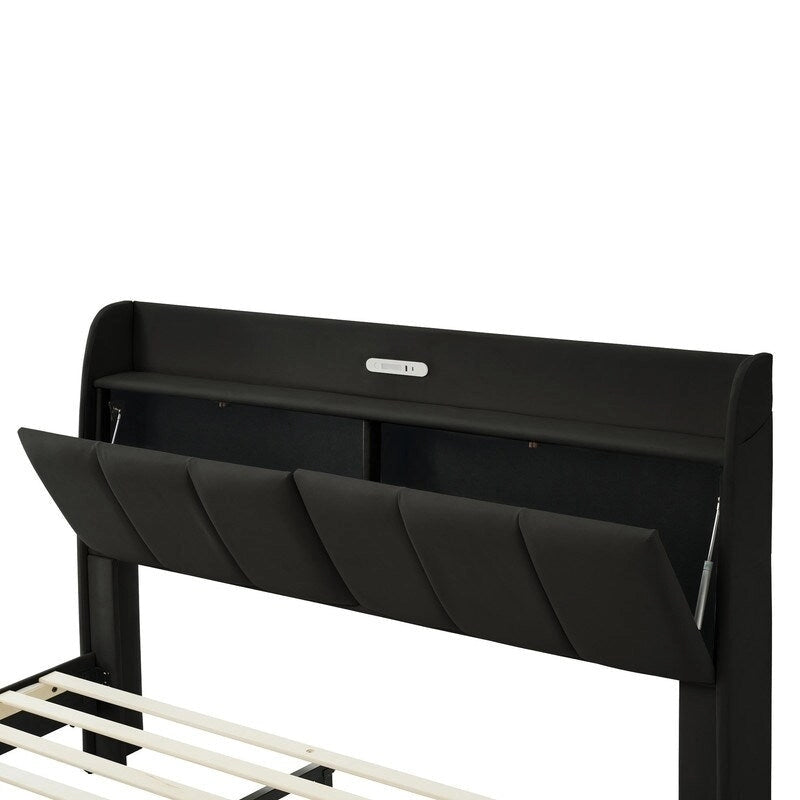 Letto matrimoniale nero/beige, stile fluttuante, testiera contenitore con LED e USB
