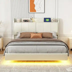 Letto matrimoniale nero/beige, stile fluttuante, testiera contenitore con LED e USB