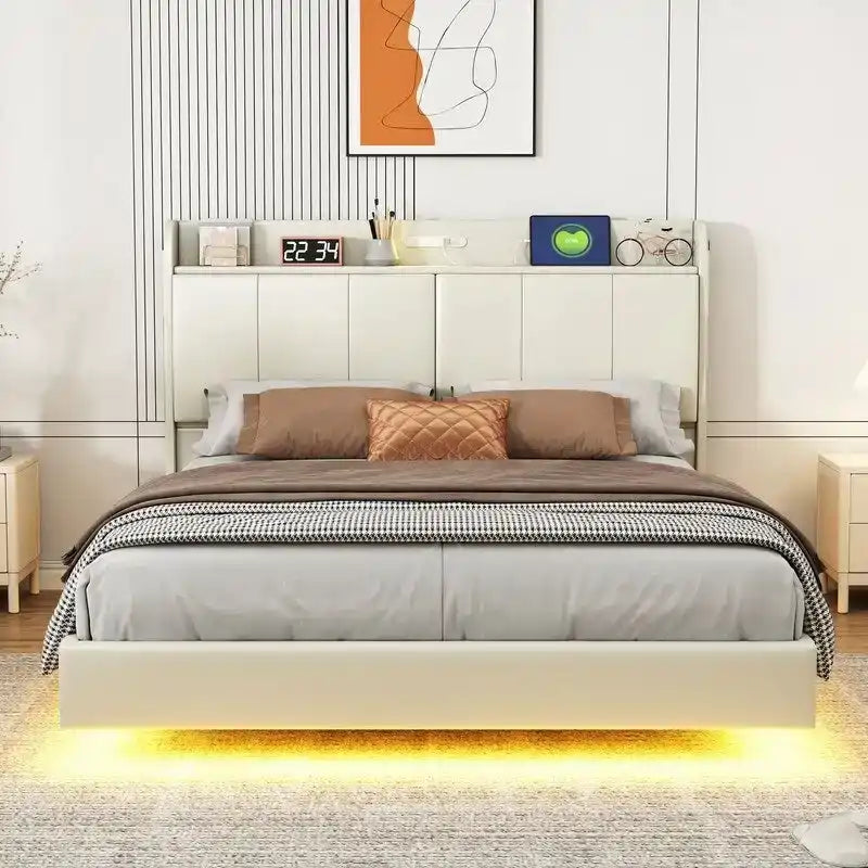 Letto matrimoniale nero/beige, stile fluttuante, testiera contenitore con LED e USB
