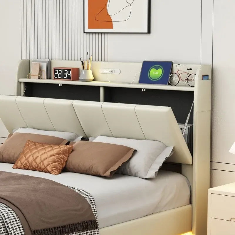 Letto matrimoniale nero/beige, stile fluttuante, testiera contenitore con LED e USB