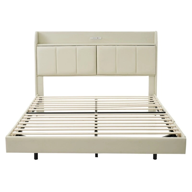 Letto matrimoniale nero/beige, stile fluttuante, testiera contenitore con LED e USB