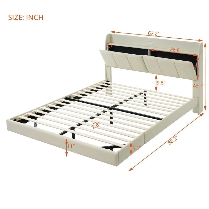 Letto matrimoniale nero/beige, stile fluttuante, testiera contenitore con LED e USB