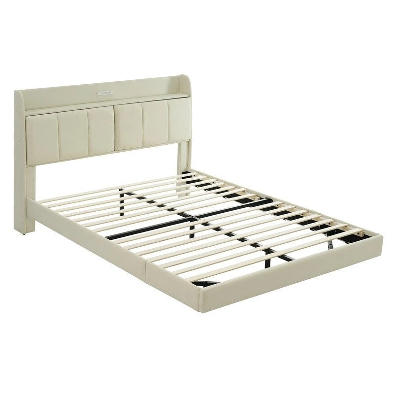 Letto matrimoniale nero/beige, stile fluttuante, testiera contenitore con LED e USB