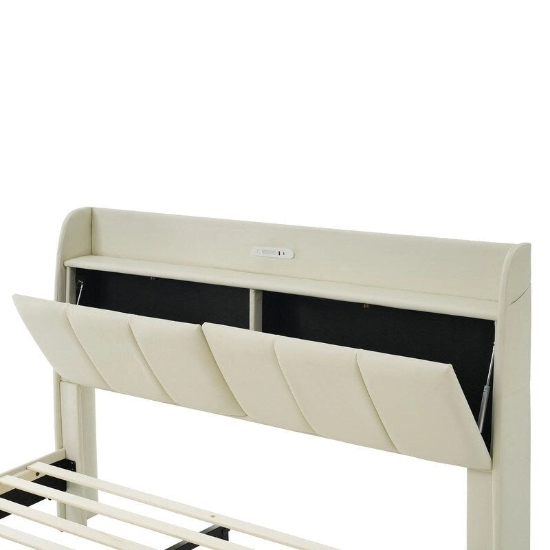 Letto matrimoniale nero/beige, stile fluttuante, testiera contenitore con LED e USB