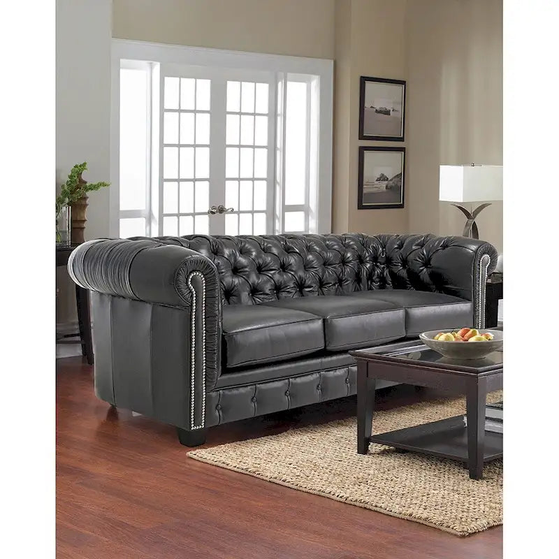 Divano Chesterfield in pelle trapuntato nero, 3 posti