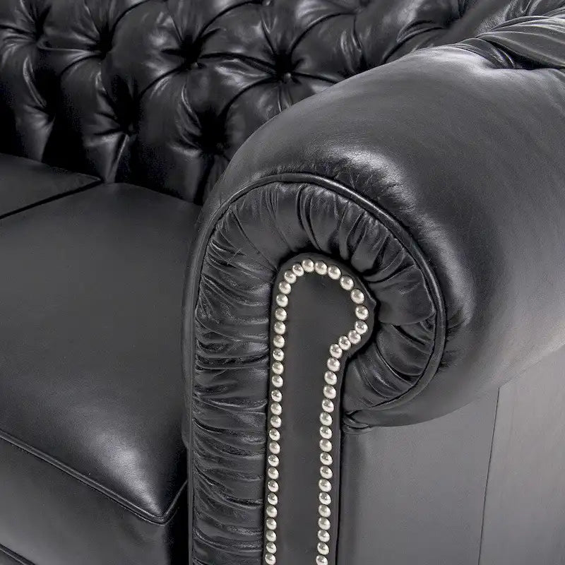 Divano Chesterfield in pelle trapuntato nero, 3 posti