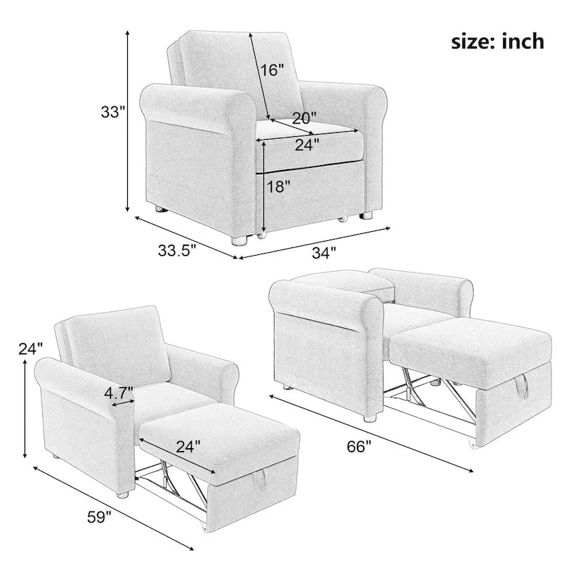 Divano letto convertibile 3 in 1 in beige/blu scuro/verde acqua, poltrona singola