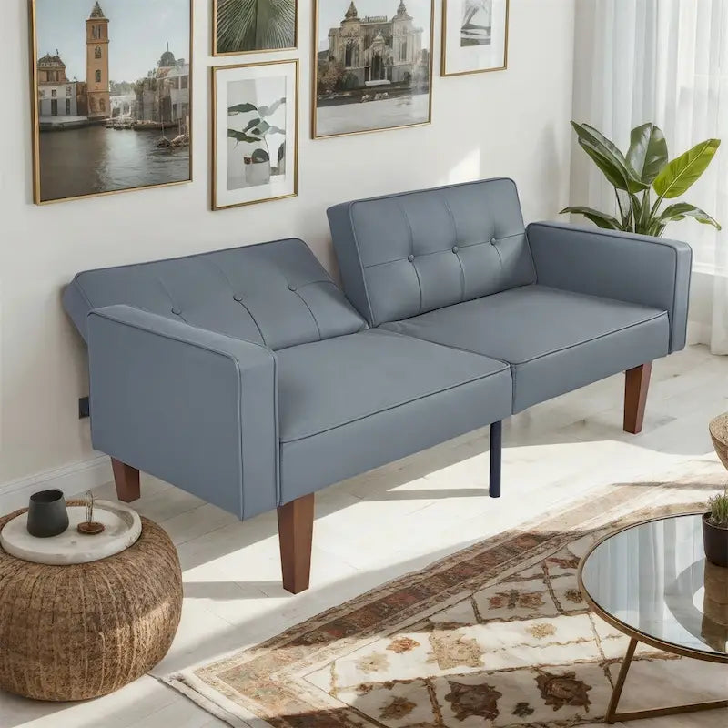 Divano letto futon convertibile a 2 posti con schienale diviso, in similpelle/tessuto multicolore