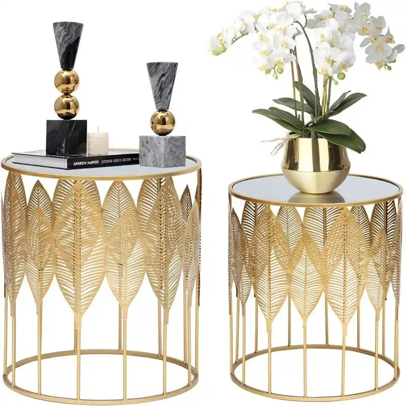 Set di 2 Tavolini Nido Rotondi Oro – Piano in Metallo, Decorazione a Foglia